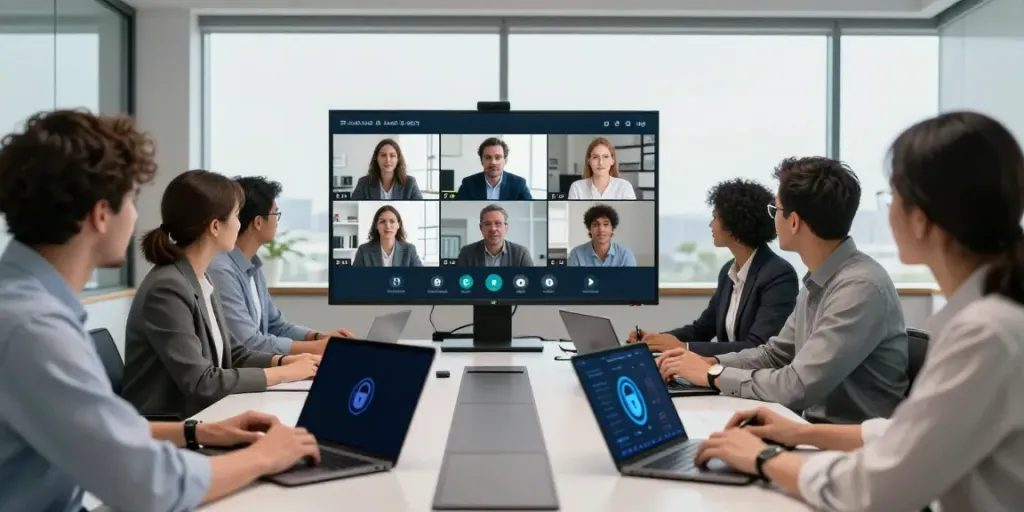 Deepfake-protected meetings in a modern conference room with team collaboration and digital security elements.