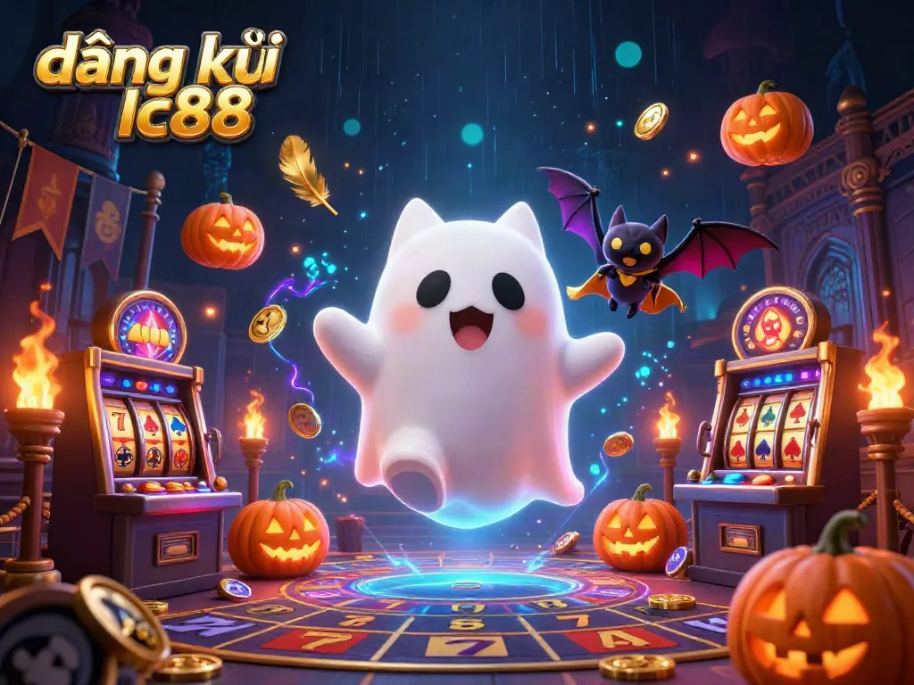 Join the excitement of đăng ký lc88 with a ghost cat and a bat in a vibrant casino scene.
