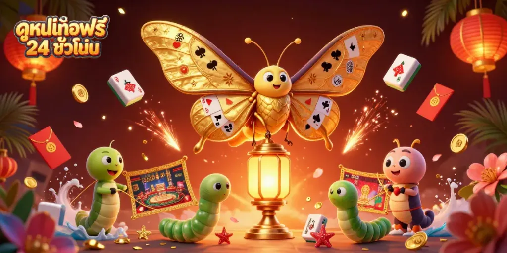 Experience ดูหนังออนไลน์ฟรี 24 ชั่วโมง with vibrant casino-themed elements and colorful characters.