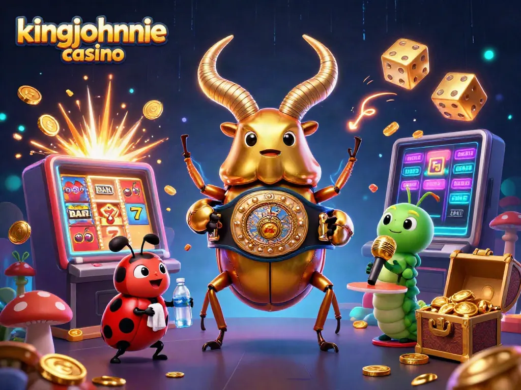 Play games at kingjohnnie casino with thrilling 3D art featuring a golden stag beetle and a jackpot explosion.