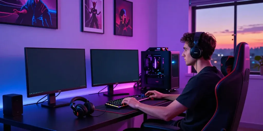 Gaming scene featuring a user engaged in Luxury333 online gaming with vibrant ambient lighting.