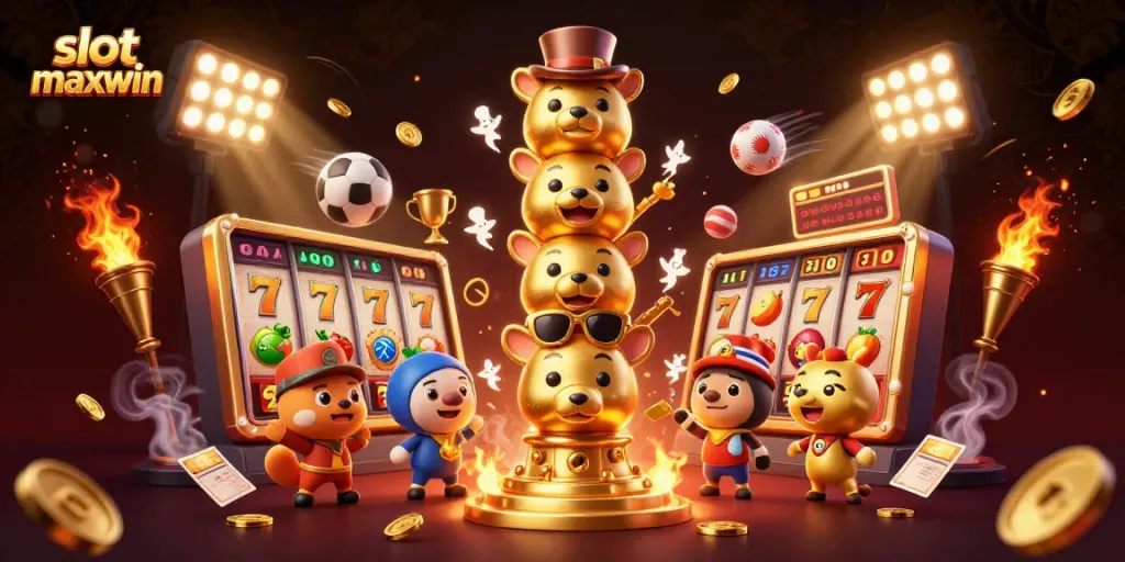 Experience slot maxwin excitement with vibrant 3D illustrations showcasing dynamic gameplay and decorative elements.
