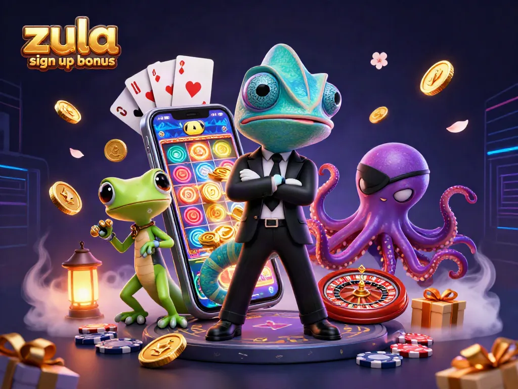 Engage with the Zula Casino sign up bonus while exploring a rich 3D scene with colorful slot games.