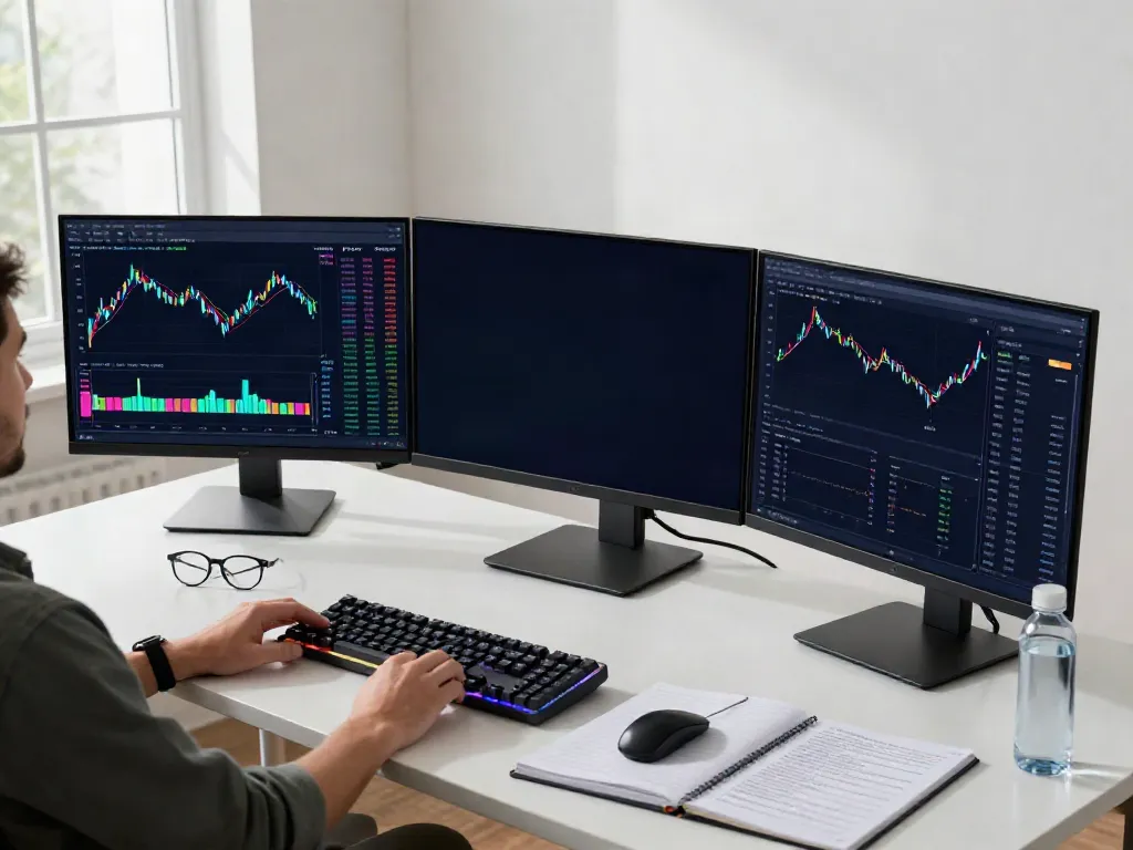 real-time stock data API displayed on monitors in a professional trading setup, featuring cryptocurrency and stock market analysis tools