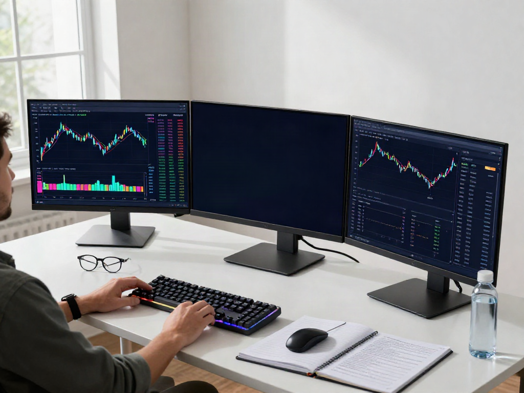 real-time stock data API displayed on monitors in a professional trading setup, featuring cryptocurrency and stock market analysis tools