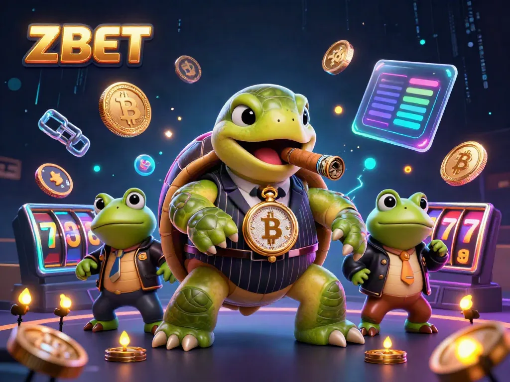 Experience the vibrant casino atmosphere with ZBET, showcasing a 3D turtle mobster and bullfrog enforcers amidst glowing crypto coins.