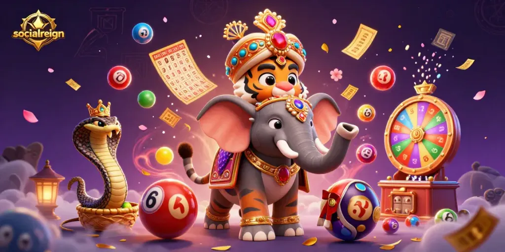 Join the excitement of socialreign with colorful lottery elements and vibrant prizes in a dynamic casino scene.