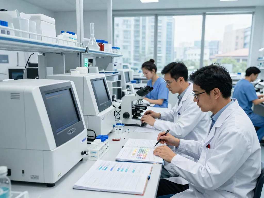 Researchers collaborating on 99%+ pure research chemicals peptides in a modern lab.