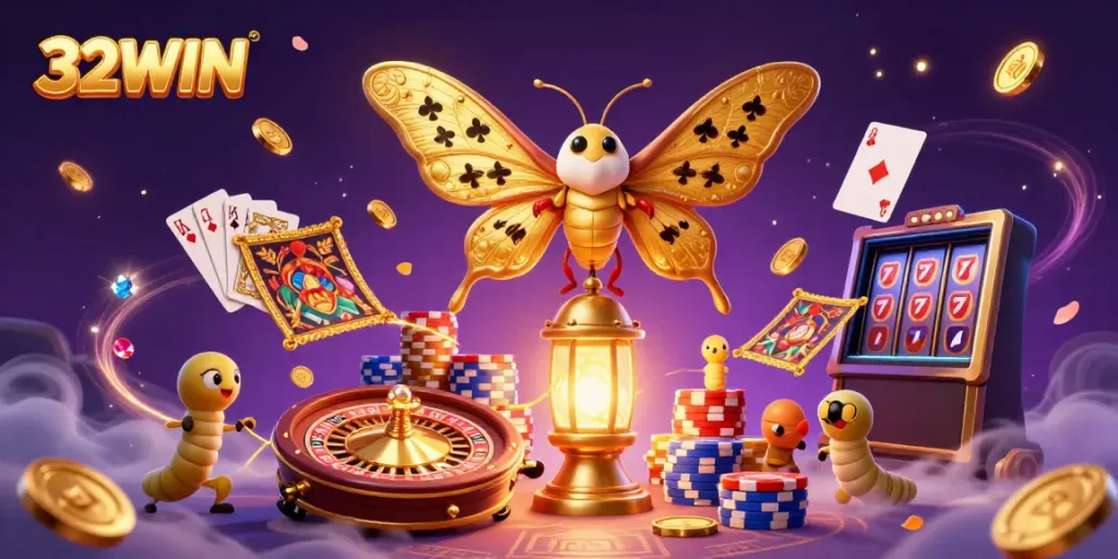 Experience the vibrant world of 32WIN with golden motifs and dynamic casino elements.