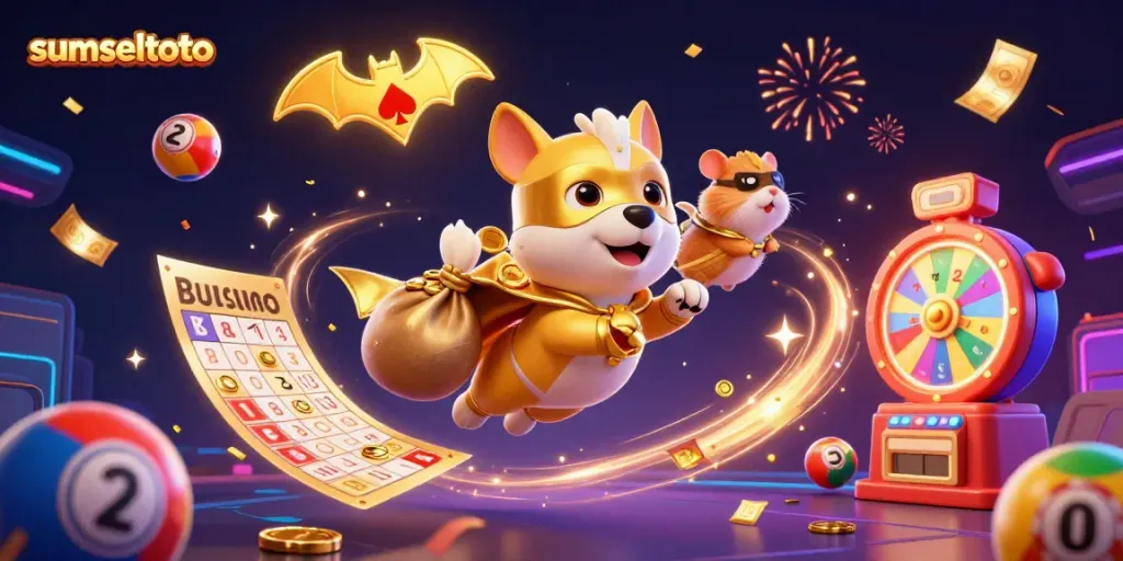 Experience the excitement of sumseltoto as a superhero dog flies with gold coins in a vibrant casino scene.