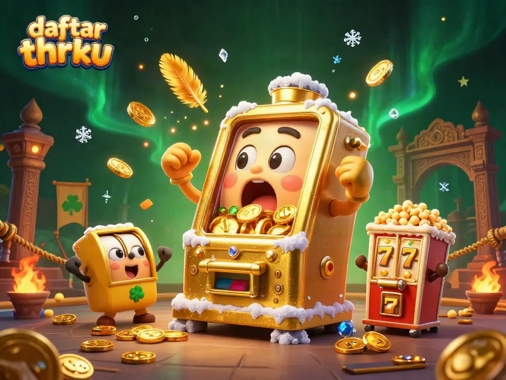 Engage in exciting jackpot wins with daftar thrku's animated golden slot machine scene.