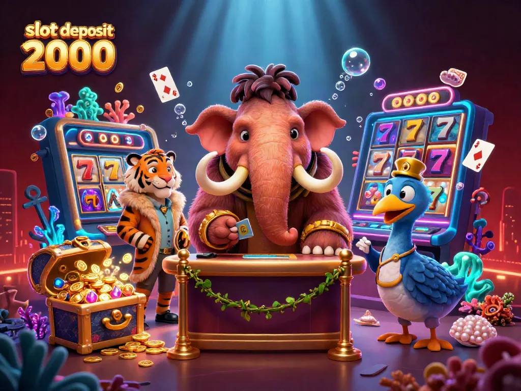 Engaging illustration of a casino scene with a woolly mammoth bouncer for slot deposit 2000 excitement