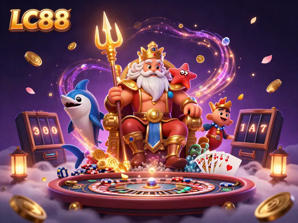 Experience thrilling games at LC88 with 3D sea king Neptune and vibrant casino elements.