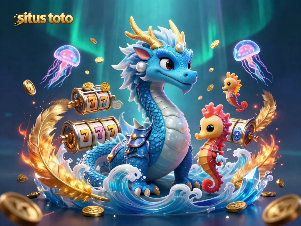Exciting situs toto scene with a dragon, seahorse knight, and jellyfish surrounded by slot game elements and shimmering coins.