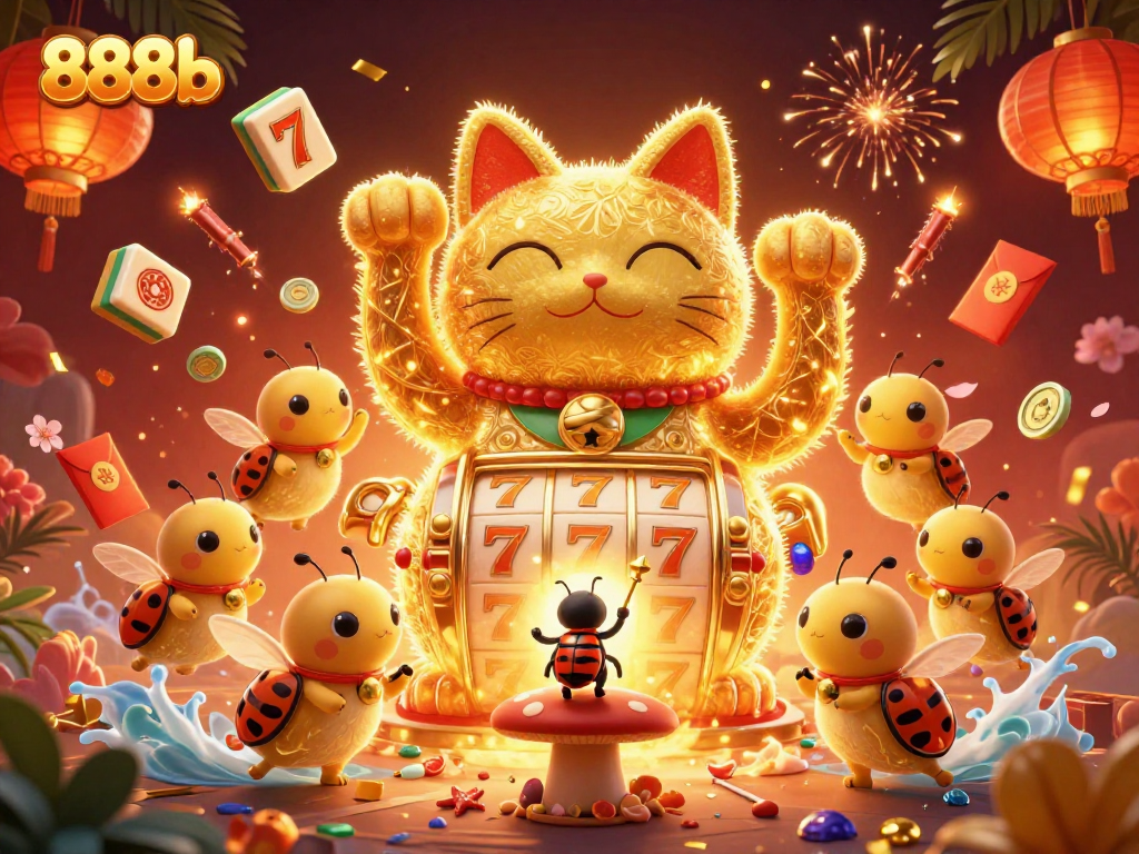 Experience the vibrant 888b casino scene with charming golden fireflies and festive symbols.