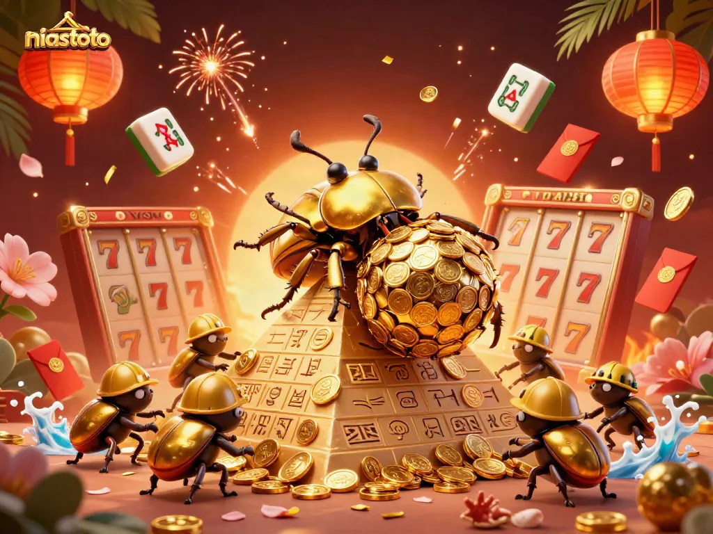 Experience thrilling gameplay with niastoto's massive golden beetle rolling jackpot coins in a vibrant casino scene.