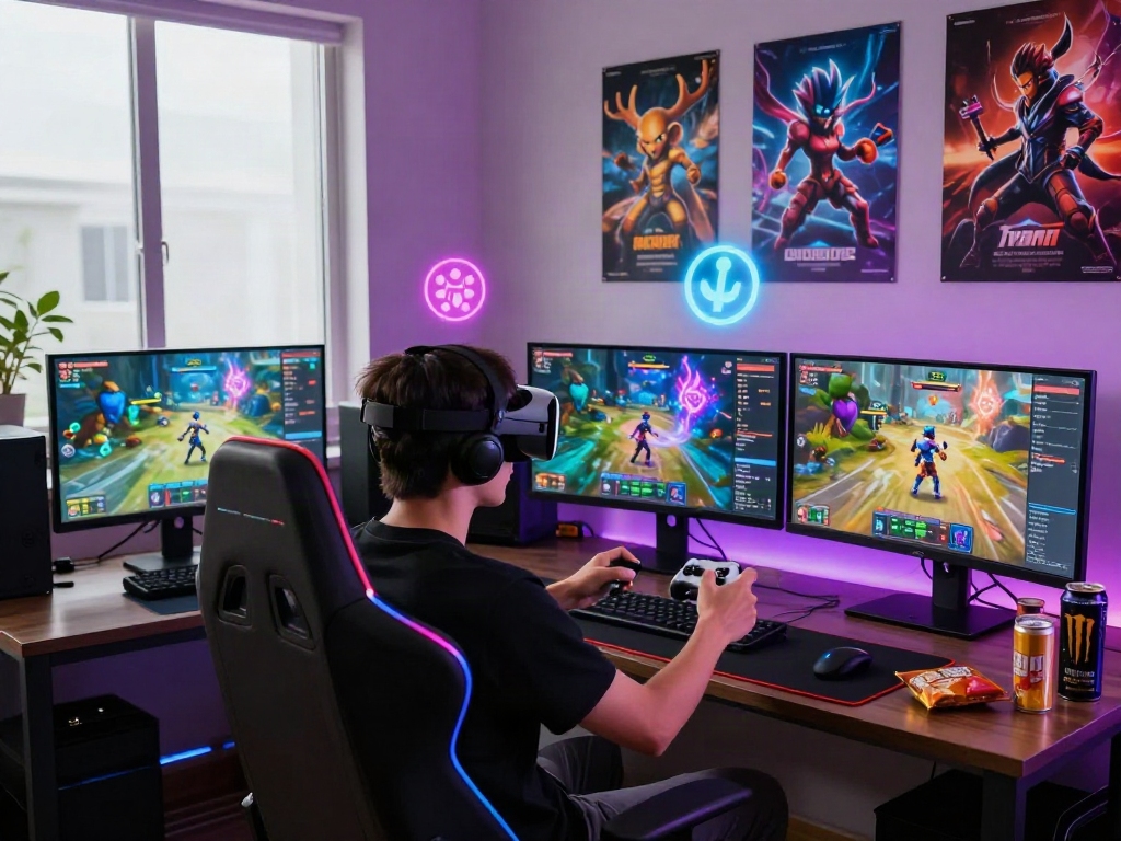 Immersive gaming experience with porngames displayed on monitors and vibrant virtual elements.