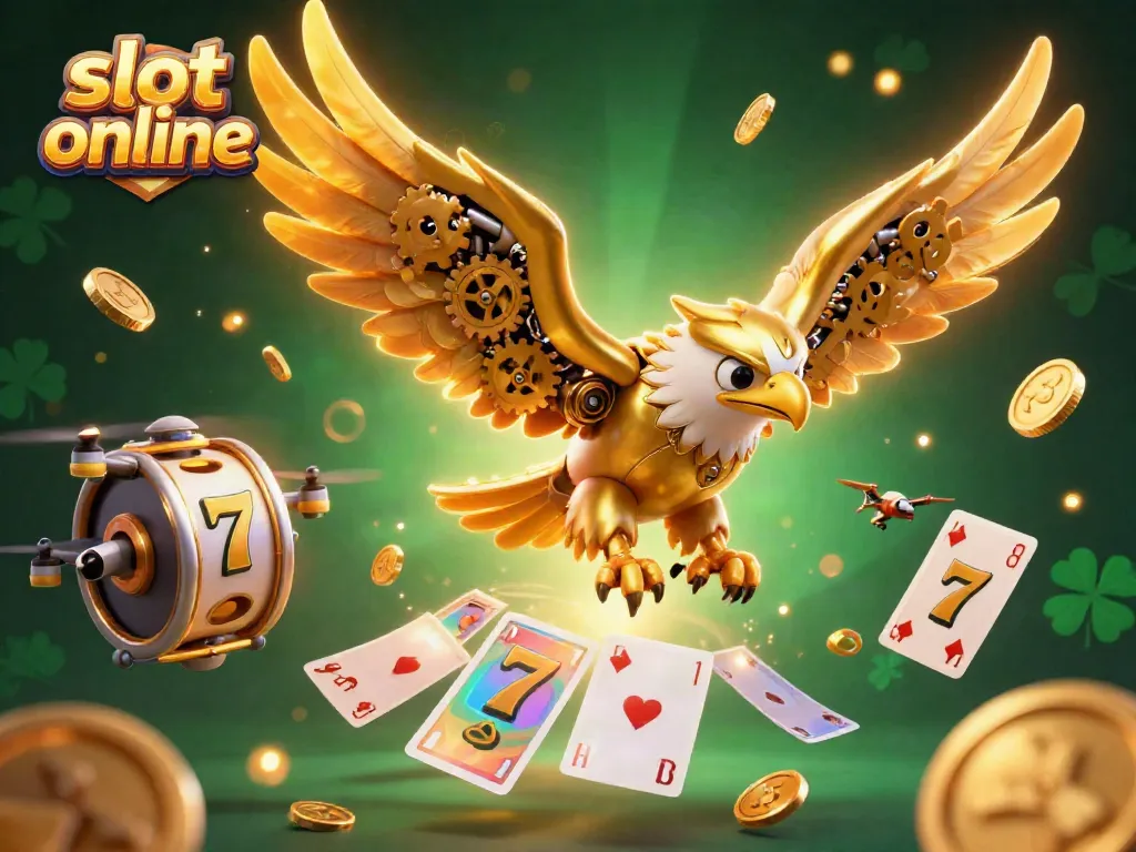 Experience thrilling slot online action with a cybernetic eagle diving through vibrant casino elements.