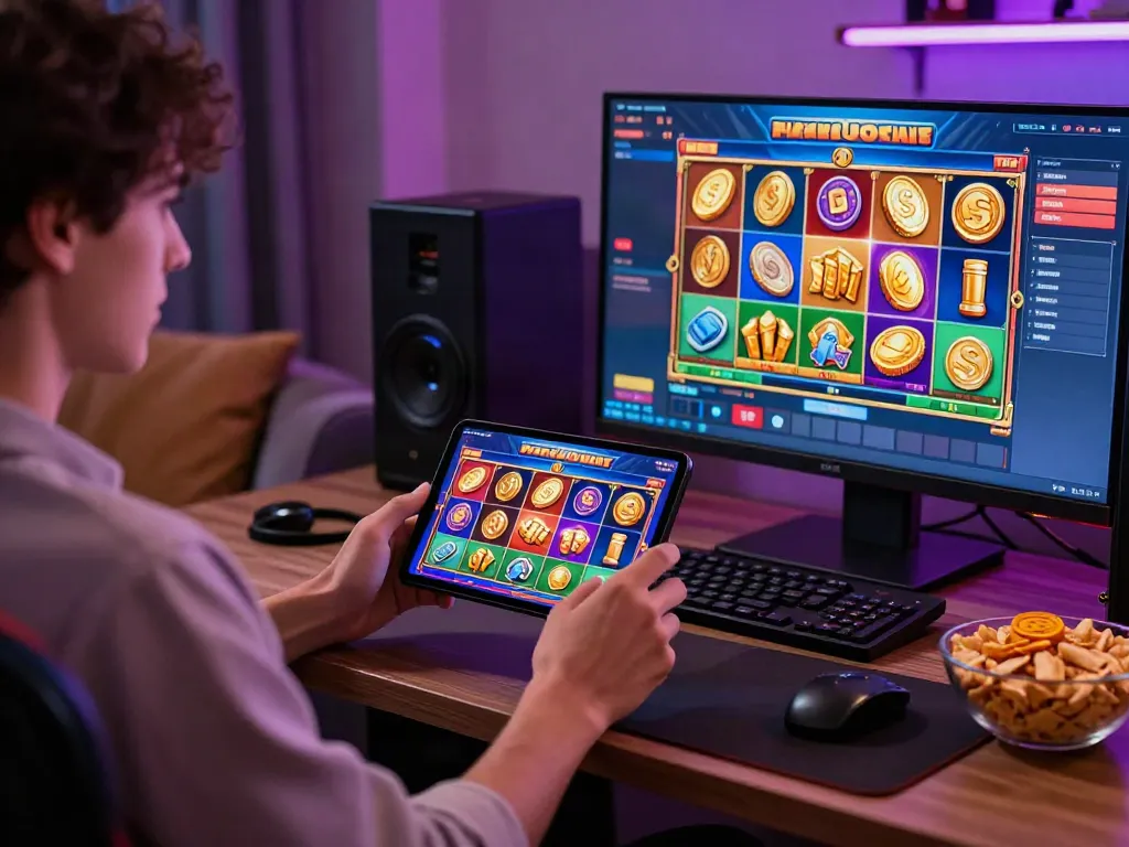 Player enjoying slot resmi games on mobile with vibrant graphics and cozy setup