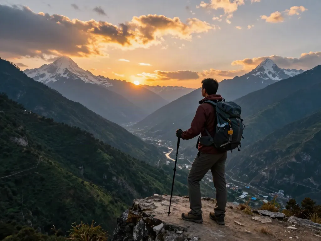 Manaslu Circuit trek traveler overlooking mountains at sunset
