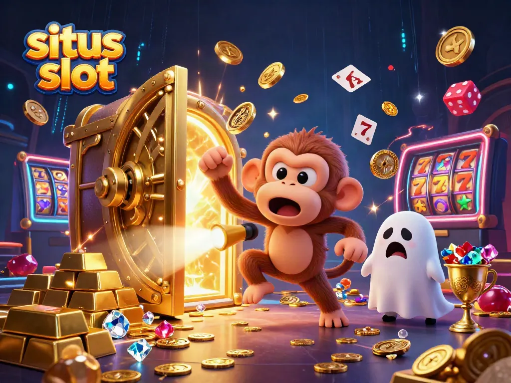 Engage with the vibrant situs slot scene showcasing a playful poltergeist monkey juggling at a haunted casino.