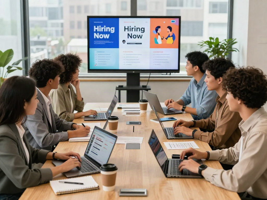 Dynamic job seekers discussing job opportunities while searching for หางาน in a bright office setting.