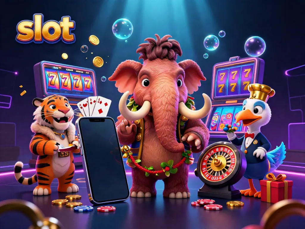 Experience the excitement of slot games in this vivid 3D illustration with engaging characters.