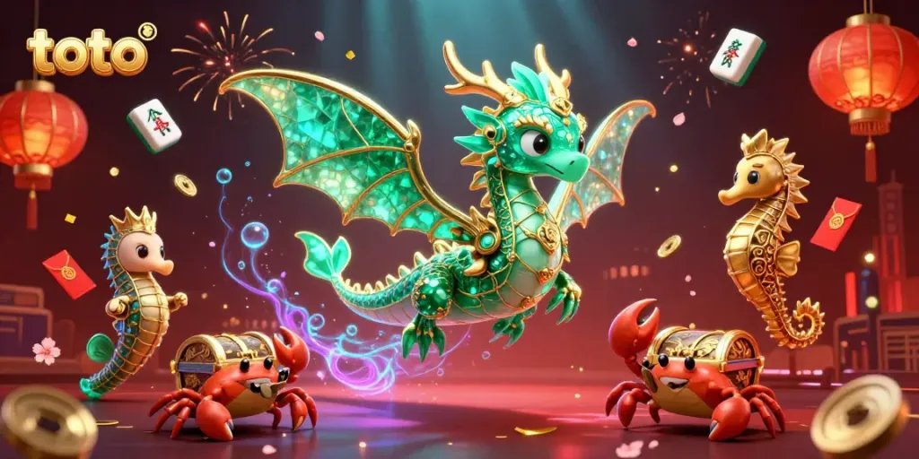 Engage in thrilling toto experiences with our elegant sea dragon amidst a treasure-filled scene.