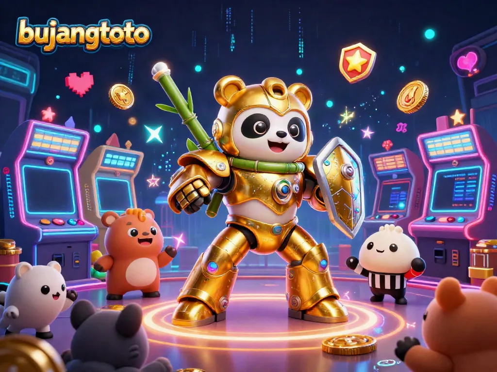 Engage with bujangtoto through a vibrant 3D gaming scene featuring a golden panda in a mech-suit.