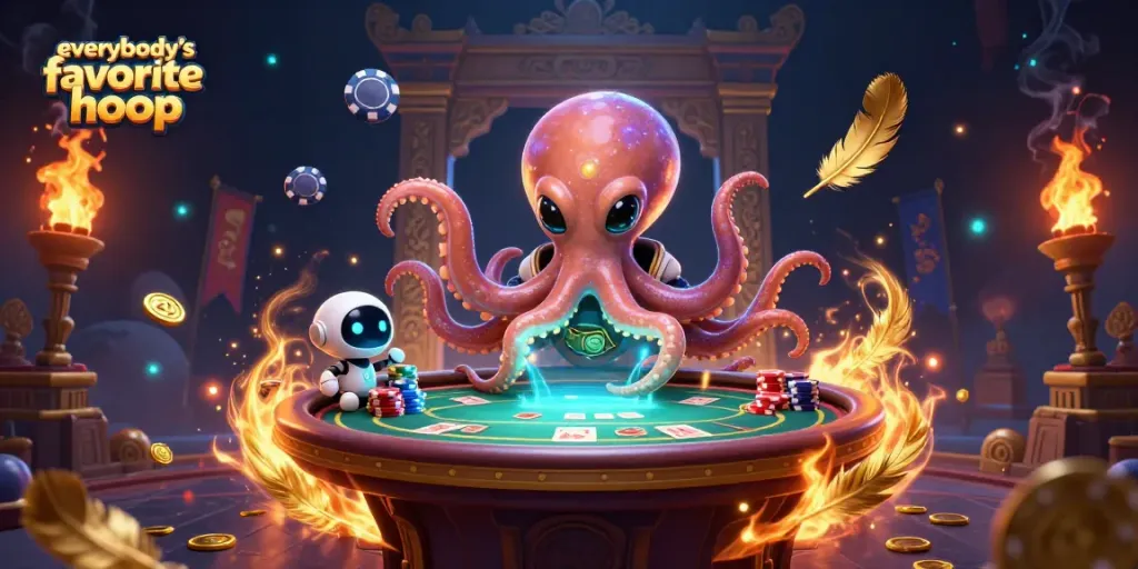 Play with everybody's favorite hoop in vibrant 3D poker scene featuring alien characters and chips.