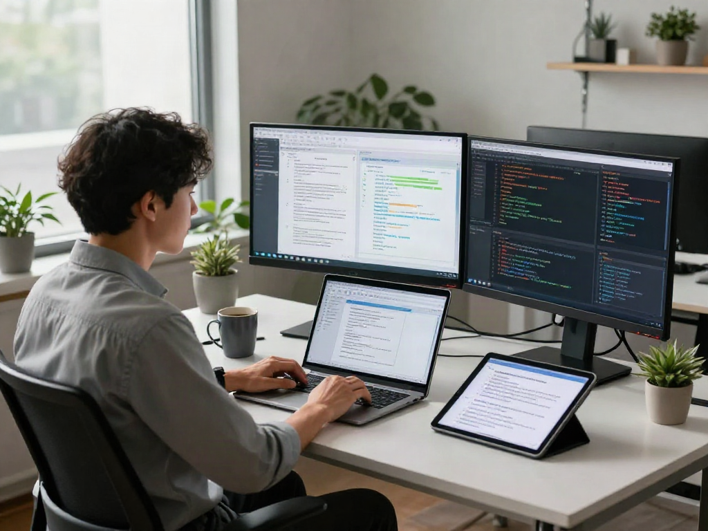 Document fraud detection analysis in a modern office setup with cybersecurity software and analytics.