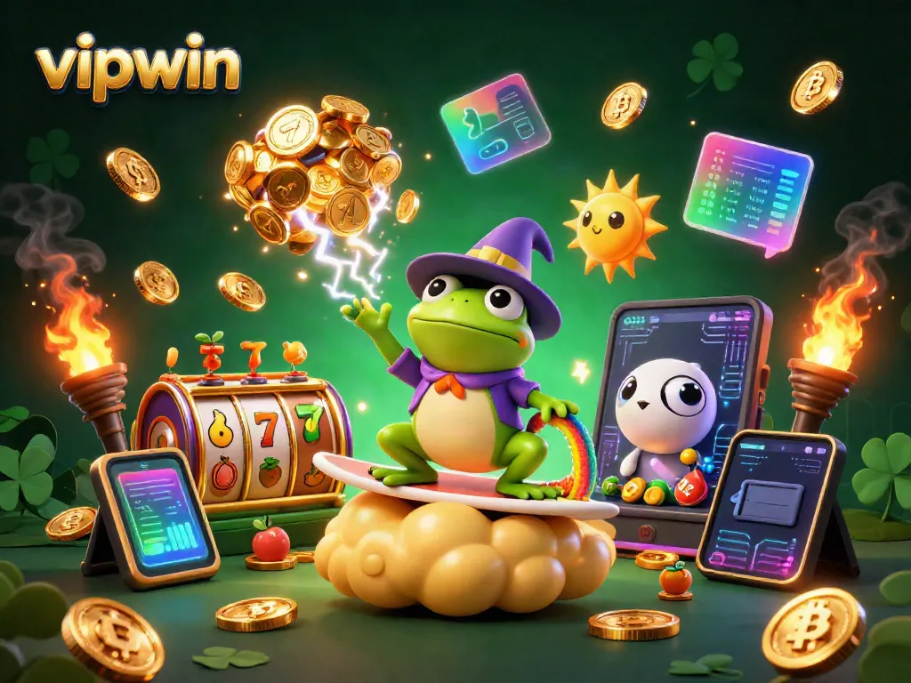 Engage with vipwin's vibrant casino experience featuring a wizard frog, chameleon, and golden coins.