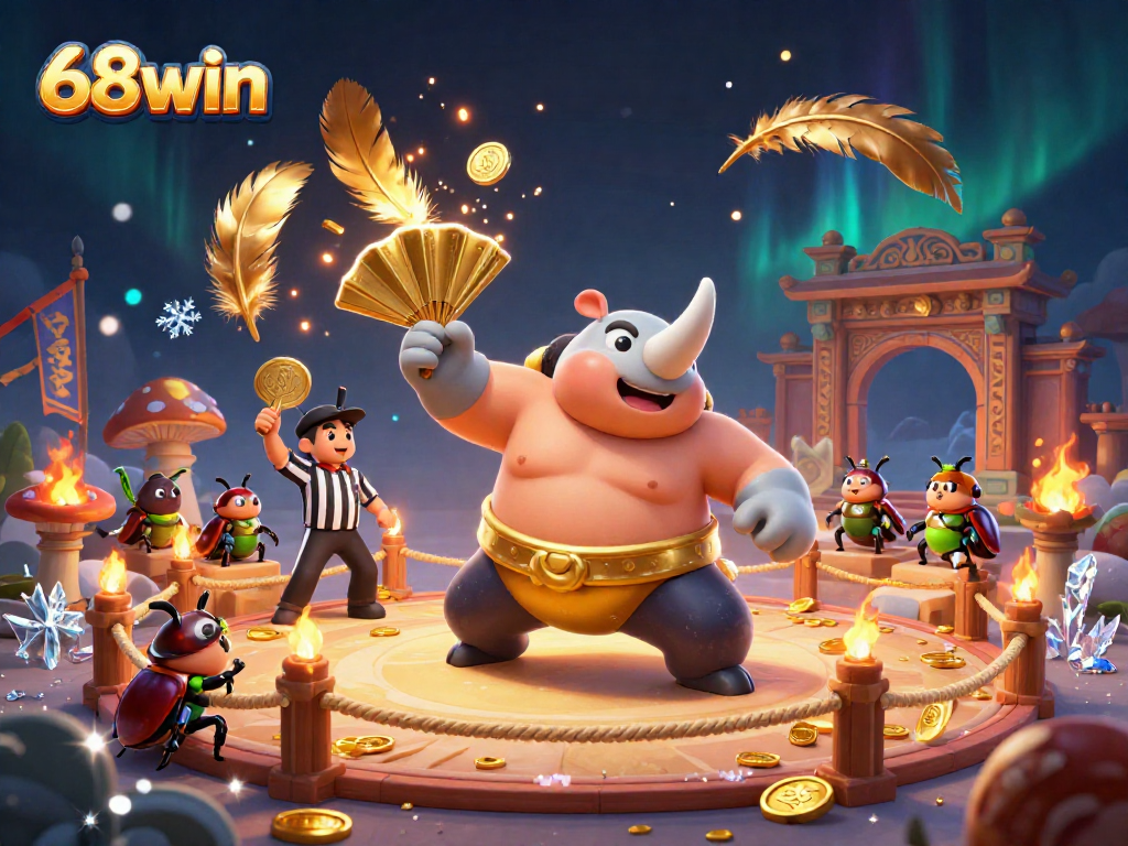 Experience thrilling wins at 68win with a dynamic sumo match illustration filled with coins and action.