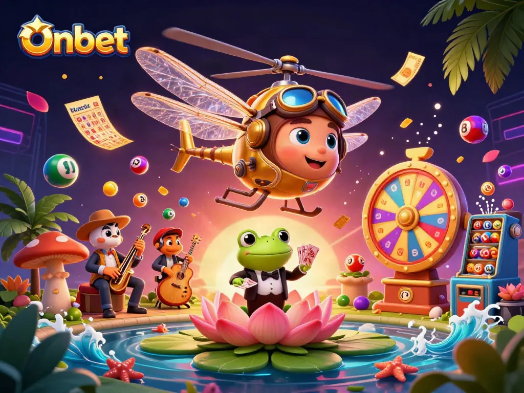 Onbet’s colorful casino illustration showcasing a dragonfly pilot and frog croupier amidst vibrant games.