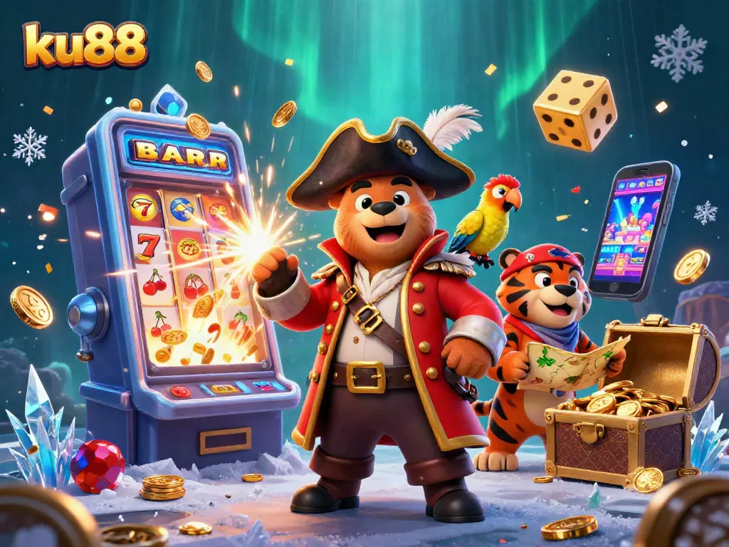 ku88 unveils thrilling slot machine action with a pirate bear, tiger, and parrot in a dynamic casino scene.
