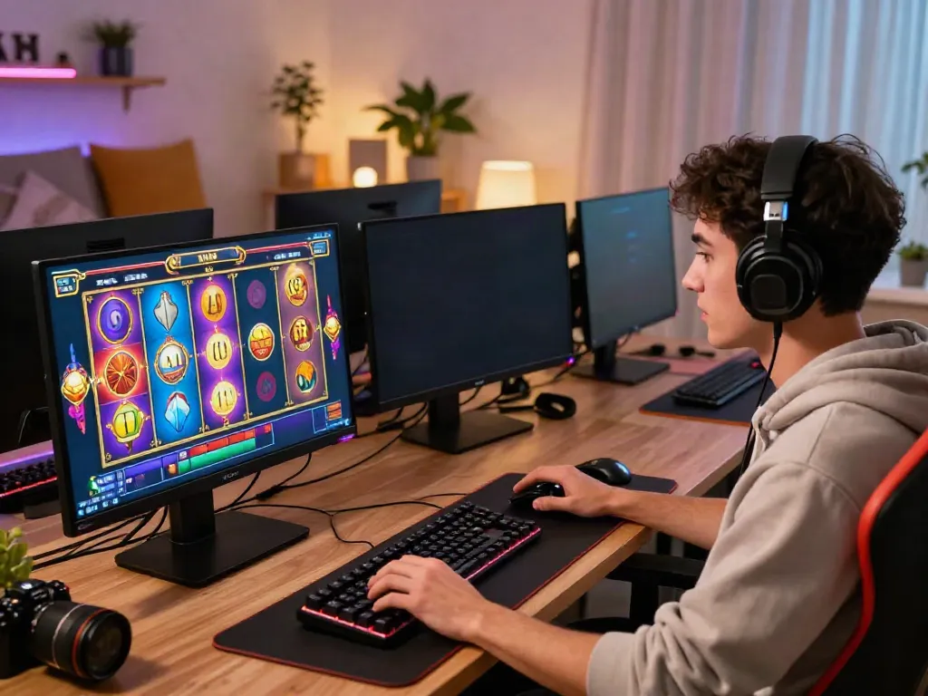 Engaged player experiencing link slot777 gameplay on a high-definition monitor in a stylish gaming setup.