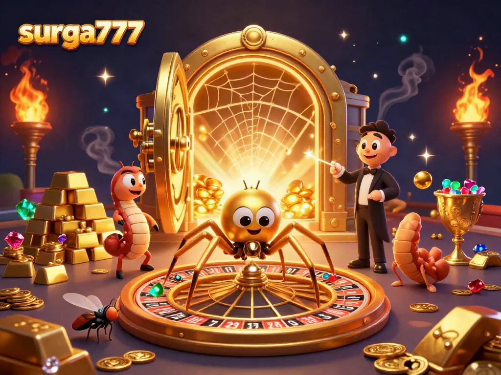 Betting with surga777 is thrilling, featuring a golden spider and dynamic elements in an exciting casino setting.