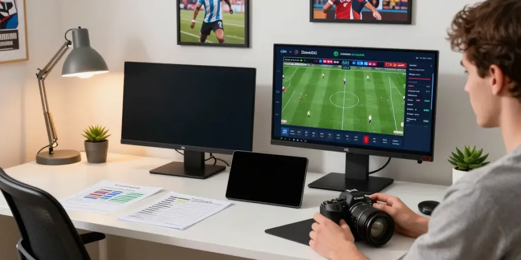 DewaGG online betting experience with live soccer games and strategic notes in a modern office.