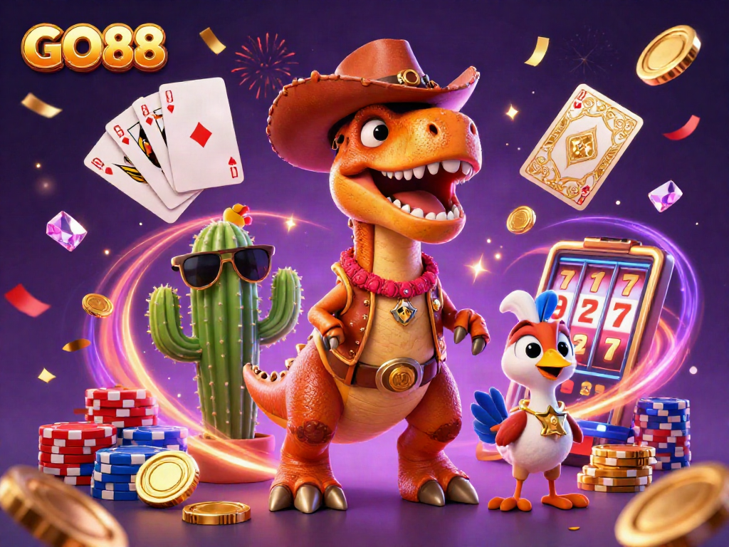 Experience winning moments with GO88 in this vibrant casino-themed 3D illustration packed with characters and games.