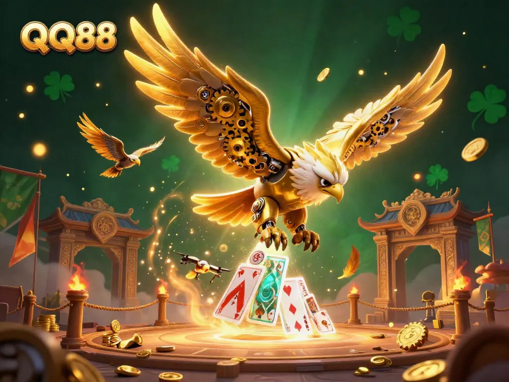 Engage with QQ88's vibrant gaming scene featuring a cybernetic eagle and holographic cards.