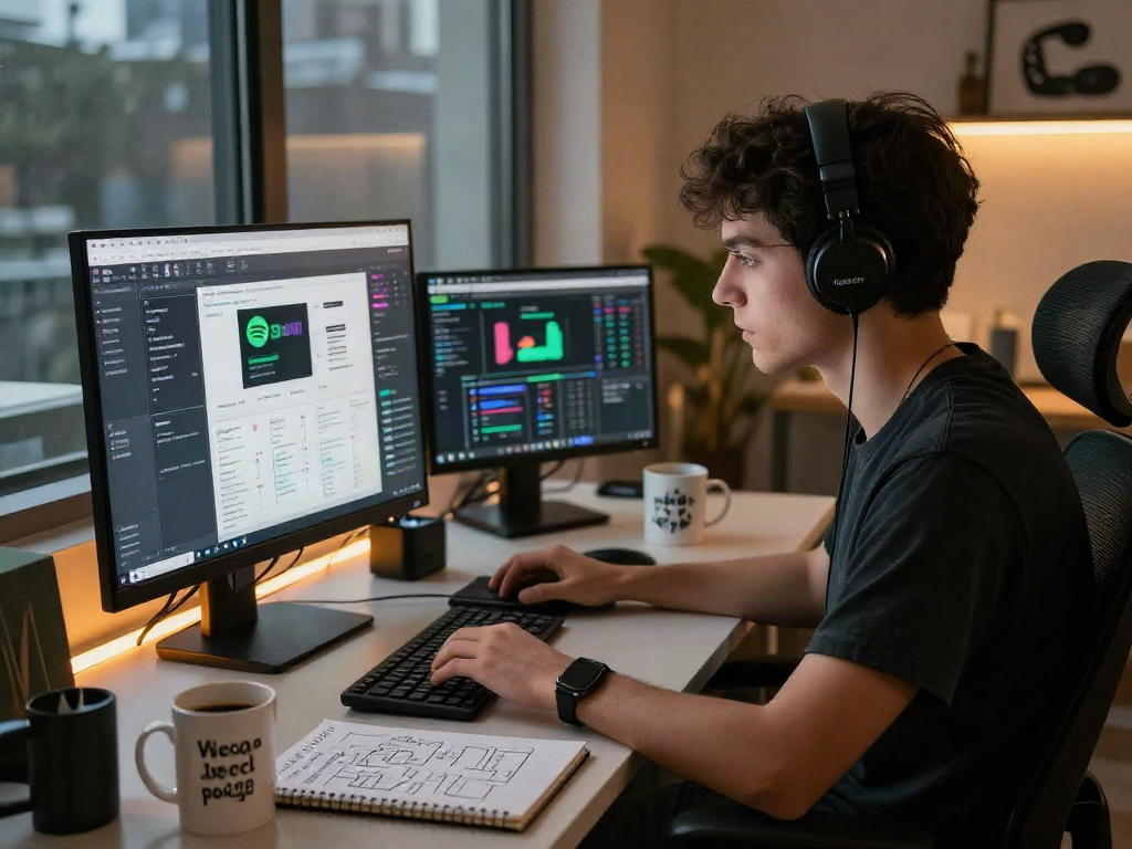 Data analyst researching spotify mod apk features in a modern workspace