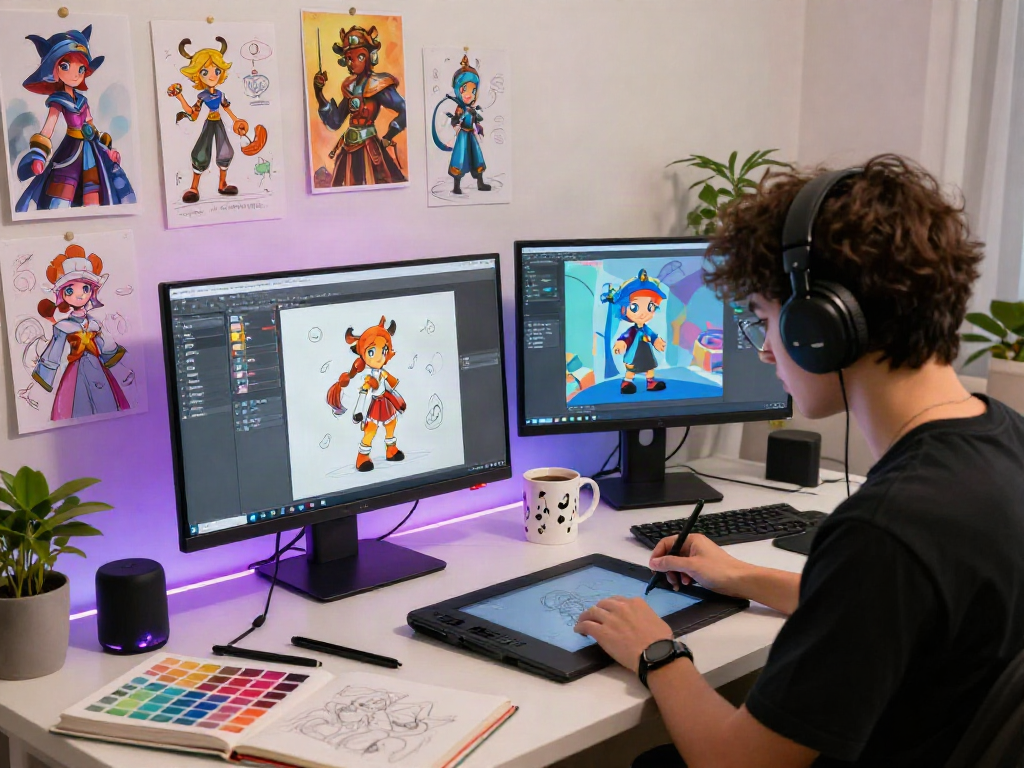 Character design process for character ai nsfw in a vibrant digital art studio.