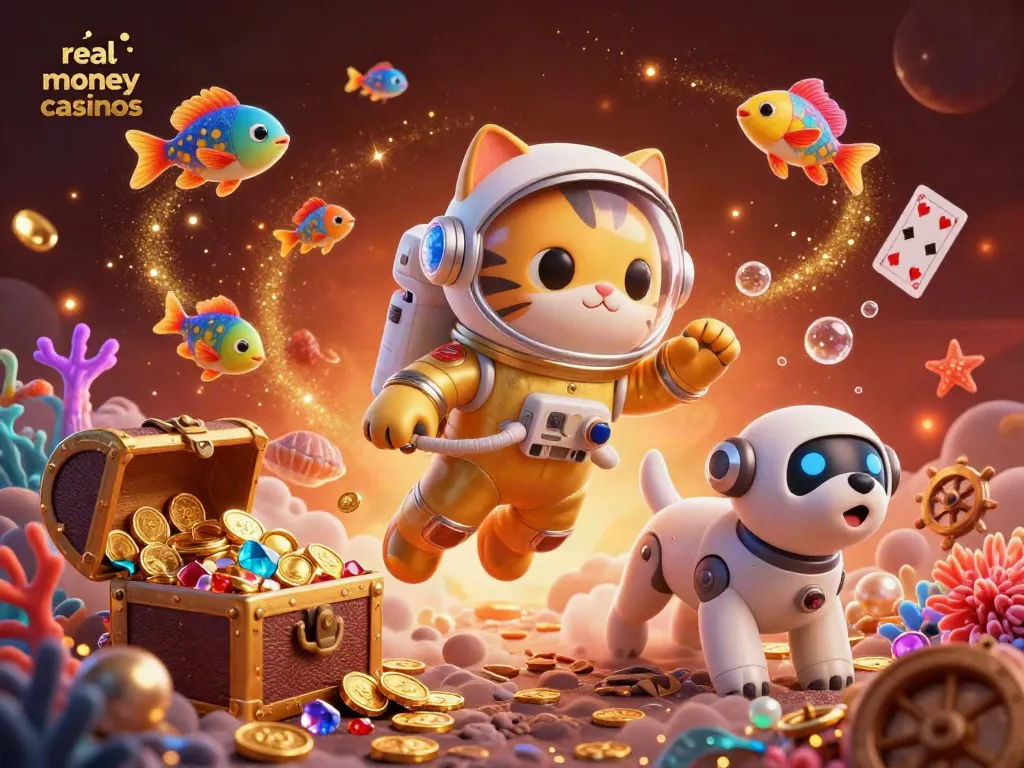 Explore real money casinos through a dynamic scene with a golden astronaut cat and robot dog amidst treasure and vibrant aquatic elements.