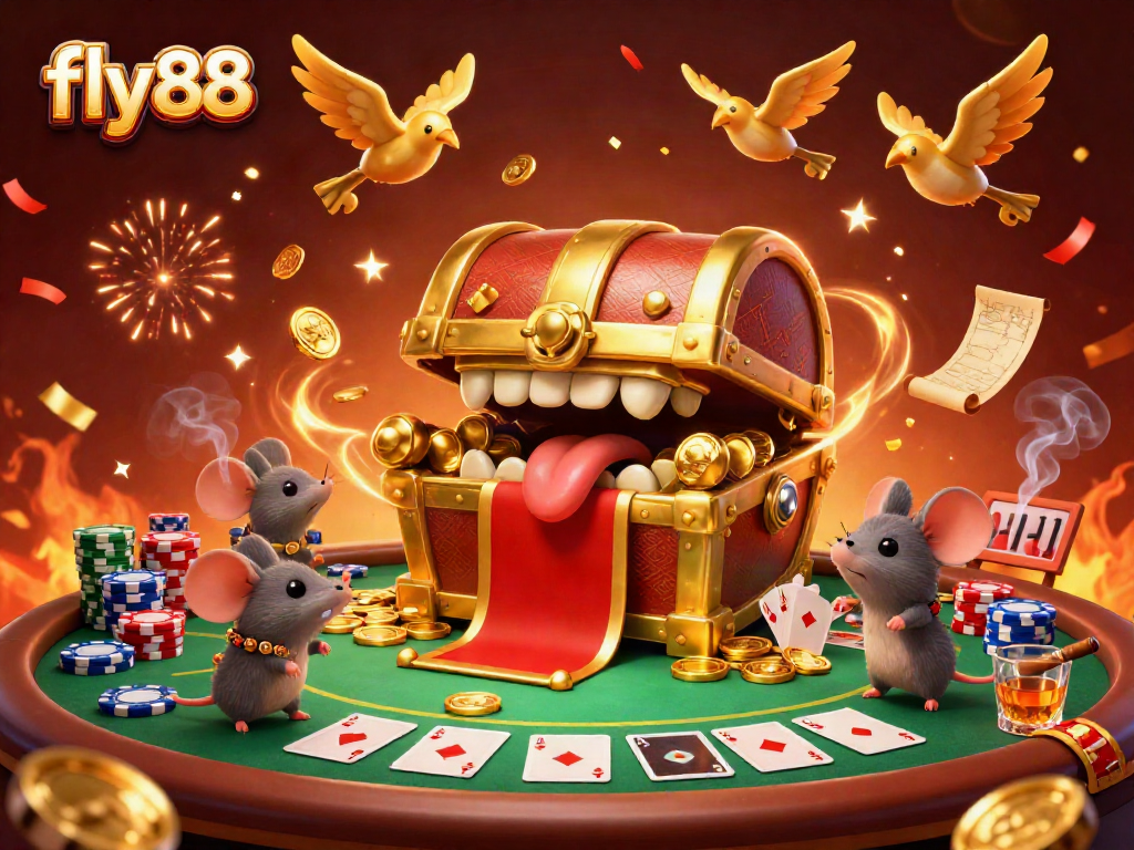 Experience fly88's vibrant casino adventure with poker elements and adorable treasure chest characters.
