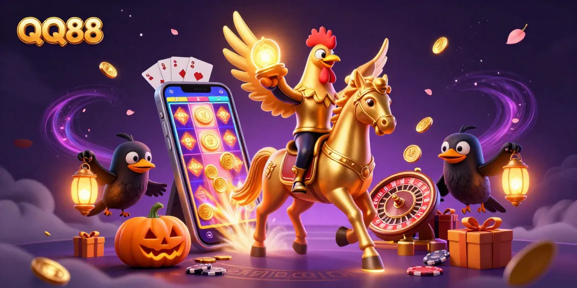 Experience thrilling gameplay at QQ88 with a golden rooster and friends amidst enchanting casino chaos.