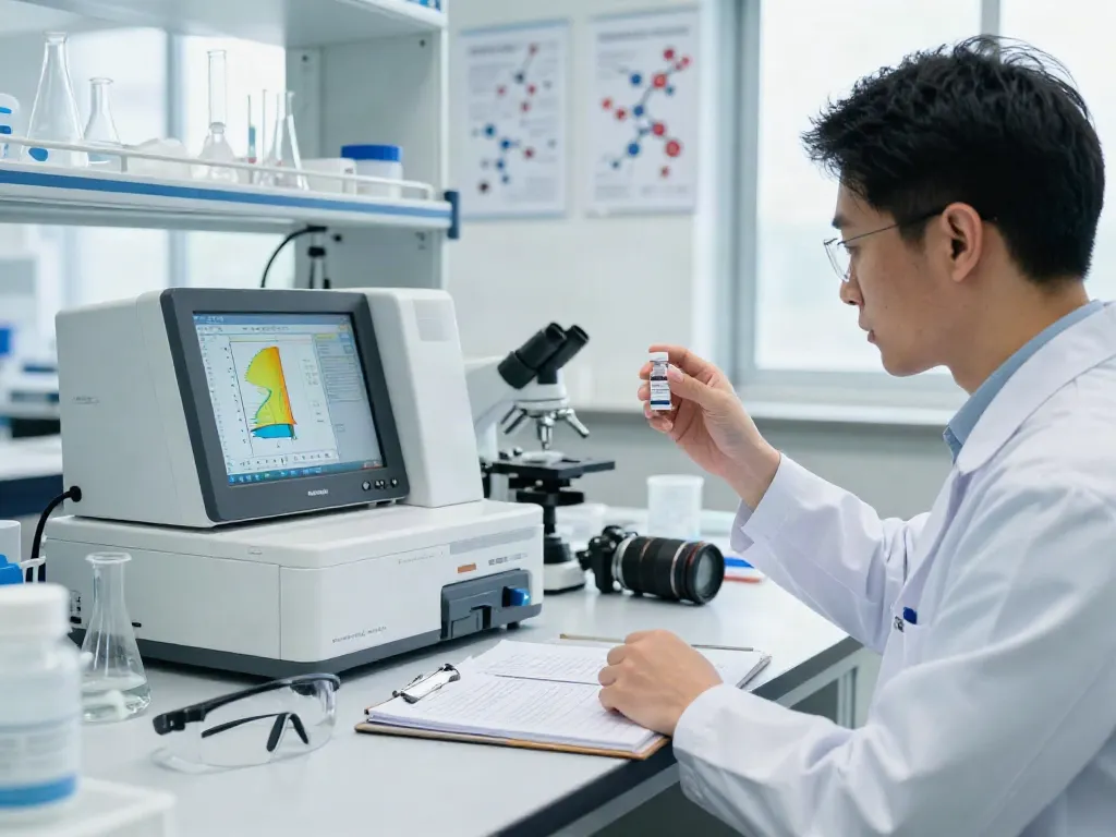 Researcher examining Melanotan 2 for sale in a professional lab environment with HPLC equipment.