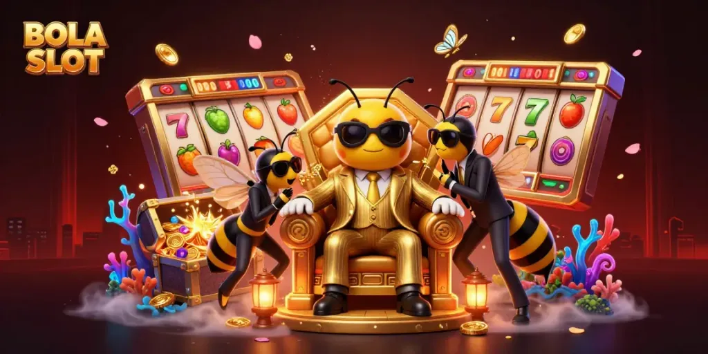 Experience vibrant BOLA SLOT action in an ultra-detailed 3D casino scene featuring a mob boss and enchanting game elements.