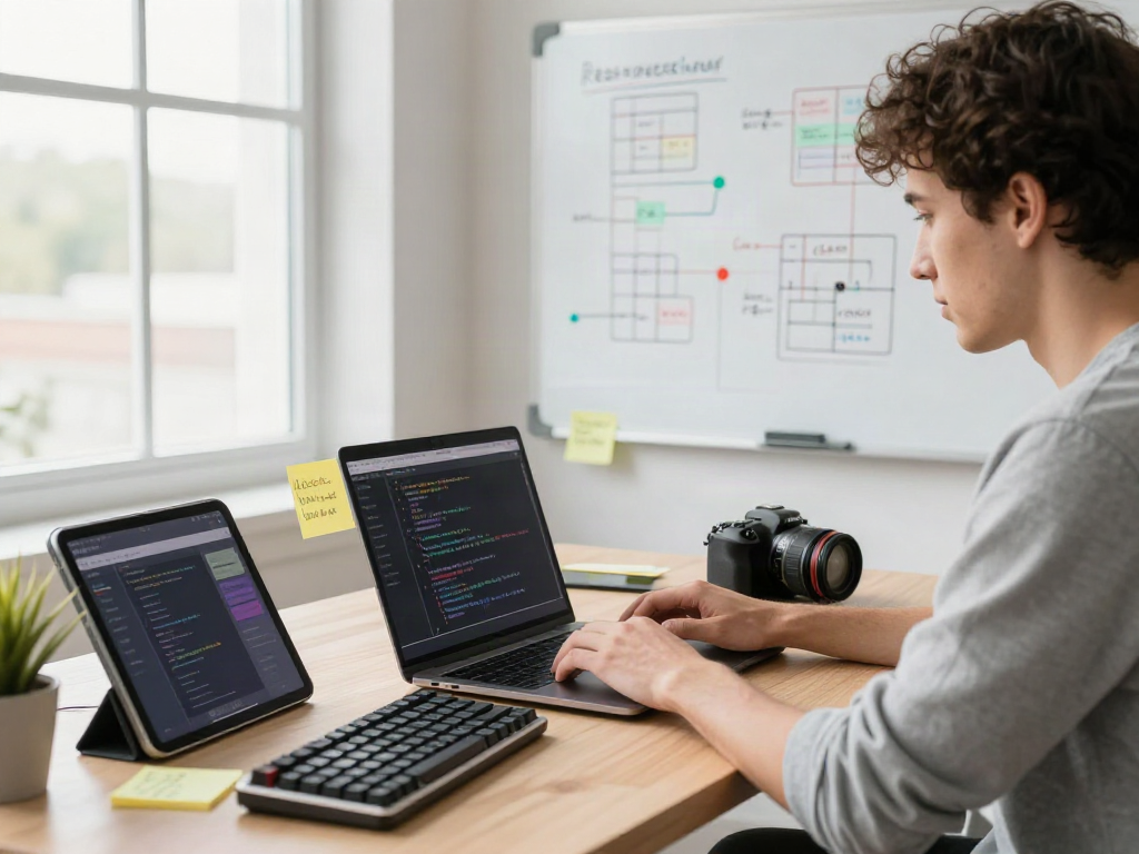 Developing the Pikashow app in a modern coding workspace filled with tech gadgets and natural light.