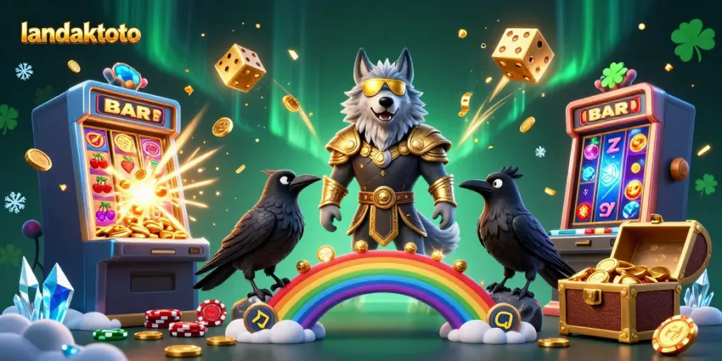 Menang di landaktoto dengan Odin dan burung gagak dalam ilustrasi kasino yang berwarna-warni.