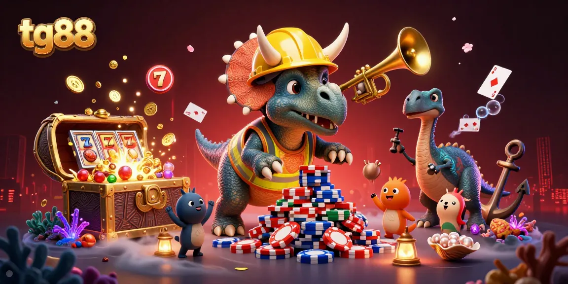 Tg88 brings thrilling slot adventures with cartoon characters in an exciting casino scene.
